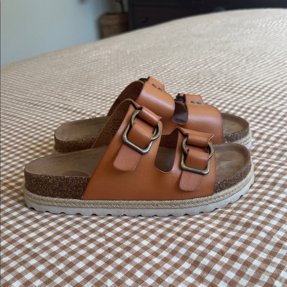 Double Buckle Slide Sandals in Tan